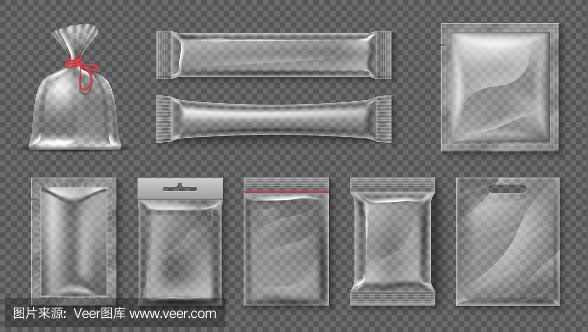 塑料包。逼真的透明袋模型,3d透明食品包装组,空白光泽箔。矢量糖果零食容器
